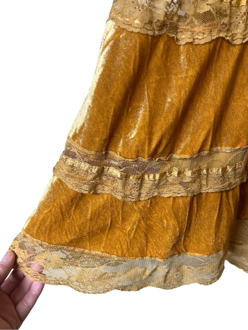 Passport vintage mustard velvet and lace tiered bow midi skirt boho feminine - Picture 7 of 12